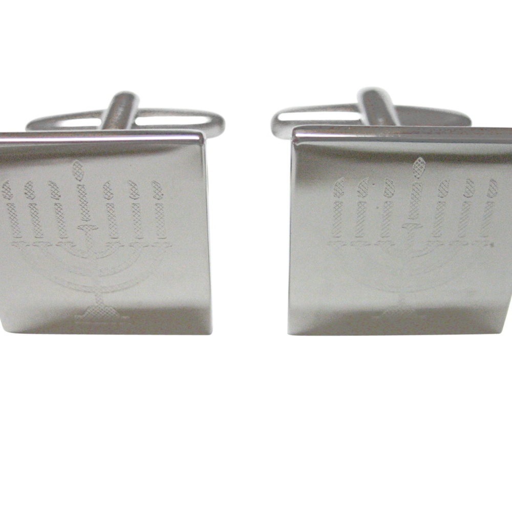 Silver Toned Etched Menorah Cufflinks